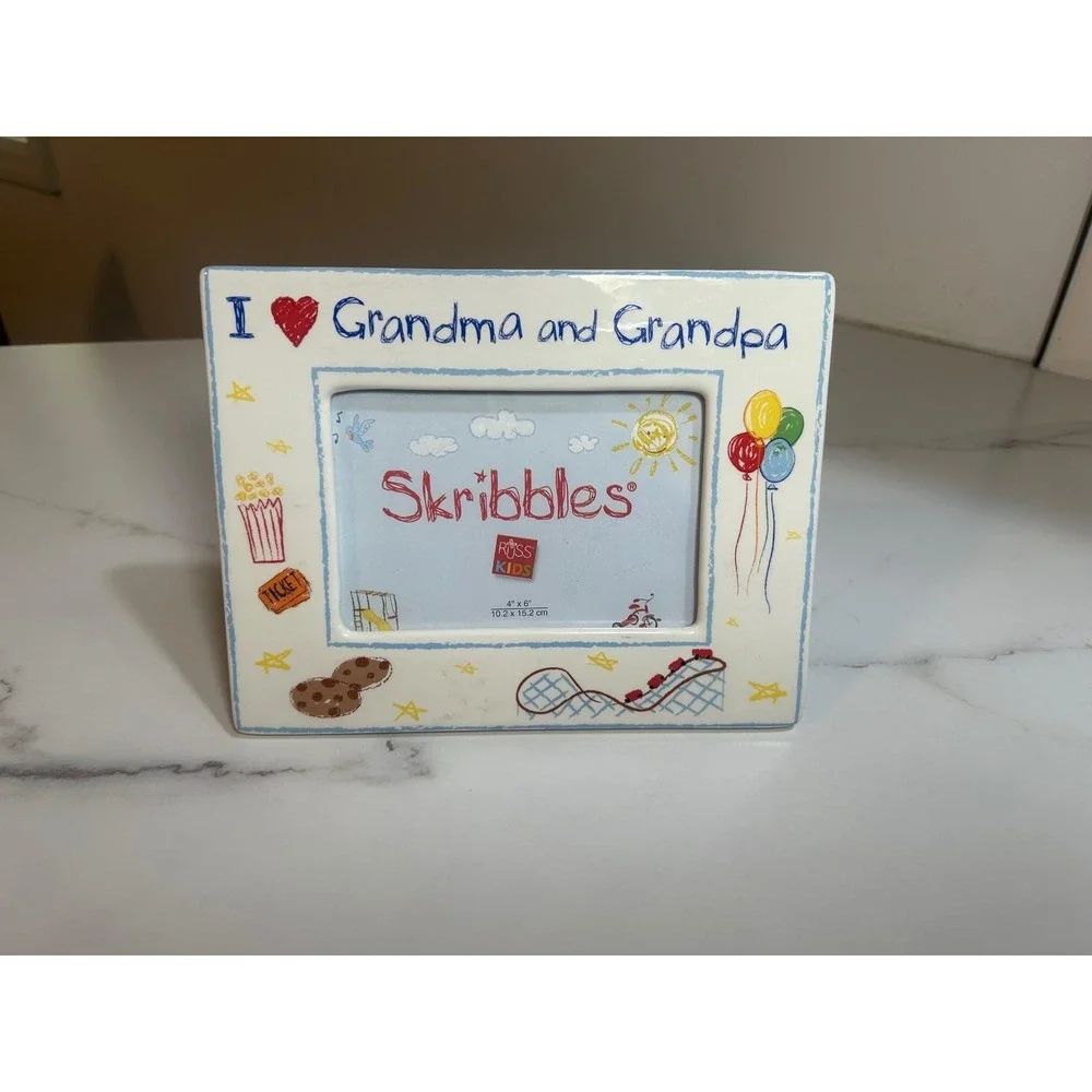 Russ Kids Skribbles I Love Grandma and Grandpa Ceramic 4x6 Picture Frame White